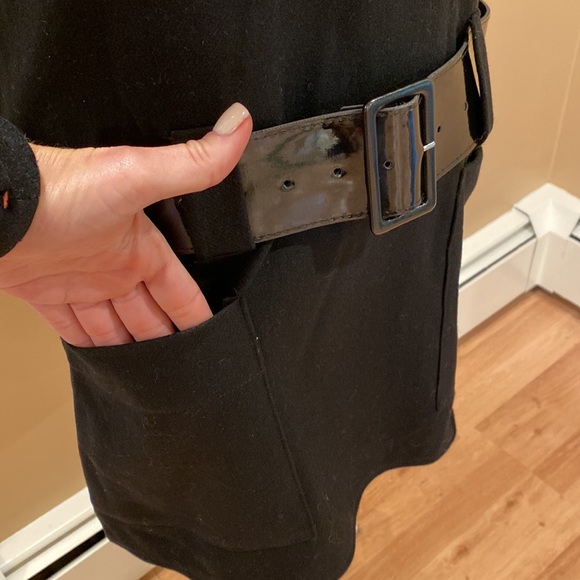 NWT. Love Wool Black Drop Waist Dress with Patent Belt & Front Pockets - Picture 9 of 16